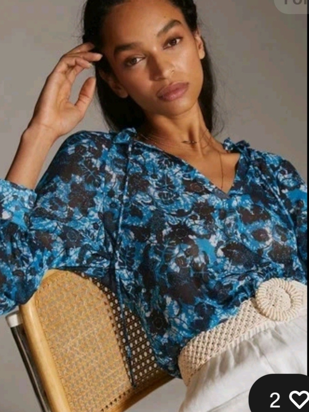 Anthropologie Sheer Printed Peasant Blouse Blue Motif Small